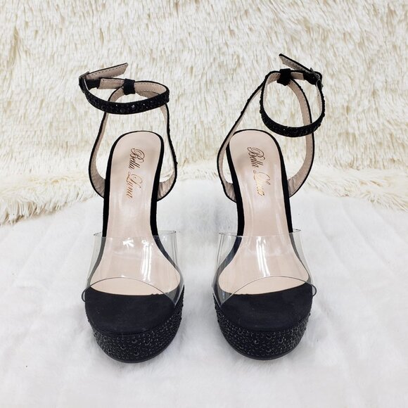 Black rhinestone high heel shoes clear toe strap - Picture 7 of 12